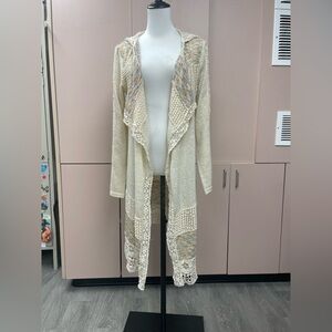 Miss Me Pieced Cardigan duster kimono cream knit hooded crochet detail Small